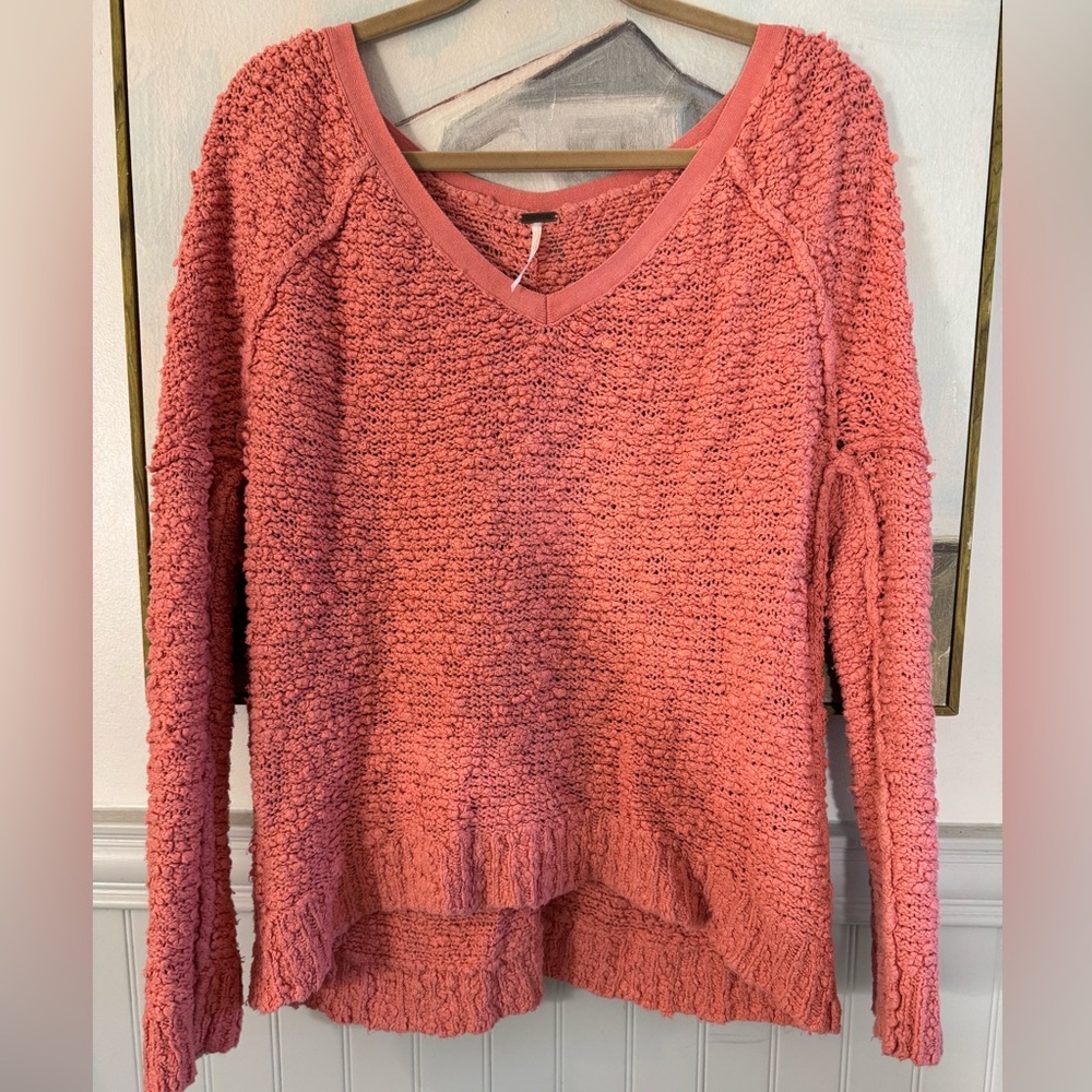 FREE PEOPLE Songbird Coral Orange Open Knit Sweater Size Medium - Picture 2 of 5
